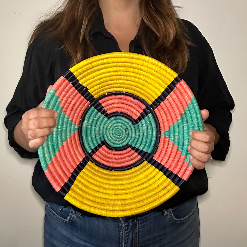 14" Yellow, Navy, Pink and Teal Handwoven Basket from Uganda