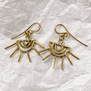 JustOne's brass eye shaped earrings with eyelashes sticking out of the earring, handcrafted in Kenya