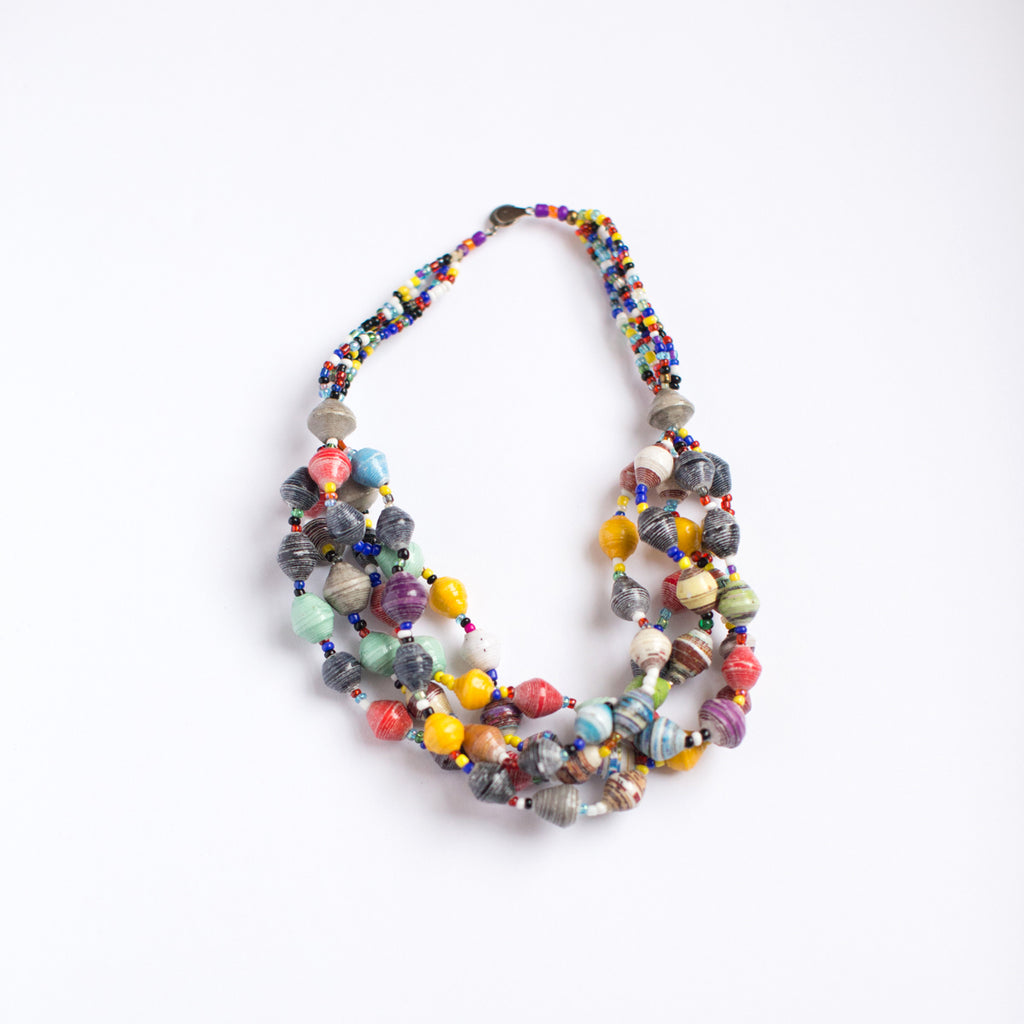JustOne's multicoloured beaded necklace handmade in Uganda