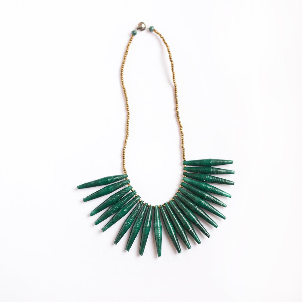 JustOne's necklace with long green paper beads dangling off, handcrafted in Uganda