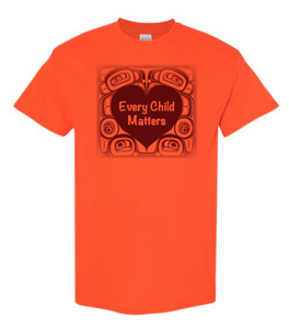 JustOne's orange t-shirt with "Every Child Matters" written in a heart and pattern created by Indigenous artist in BC