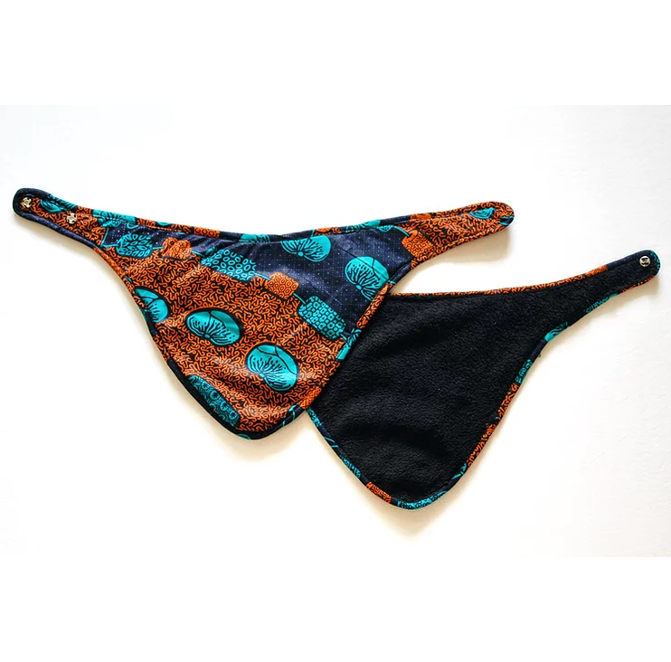 JustOne's African bandana with orange and blue patterns on it
