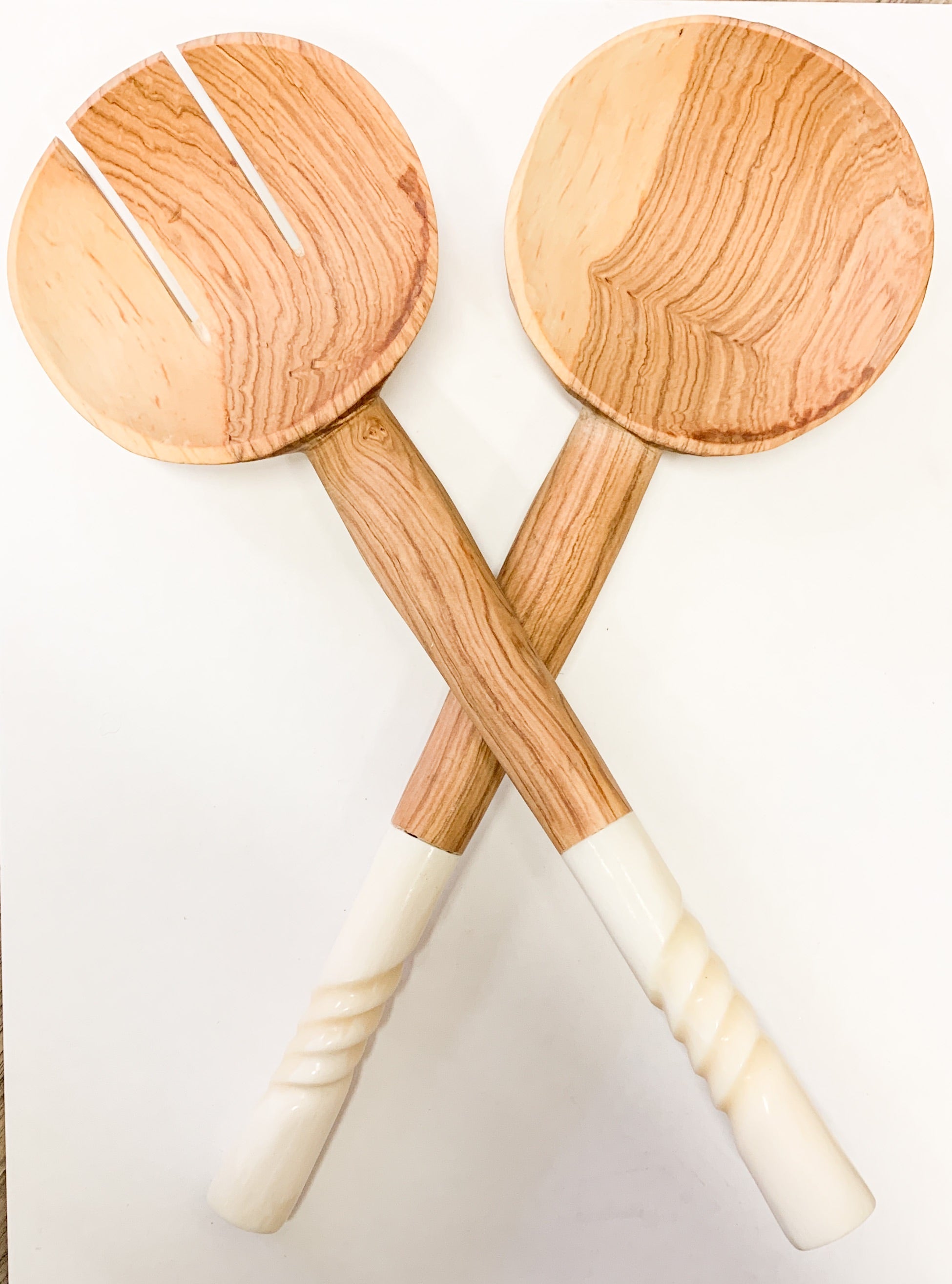 JustOne's handcrafted wooden salad spoons with handles made from ethically sourced bone, handcrafted in Kenya