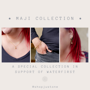 JustOne's maji collection with the brass necklace with teardrop charm, handcrafted in Kenya